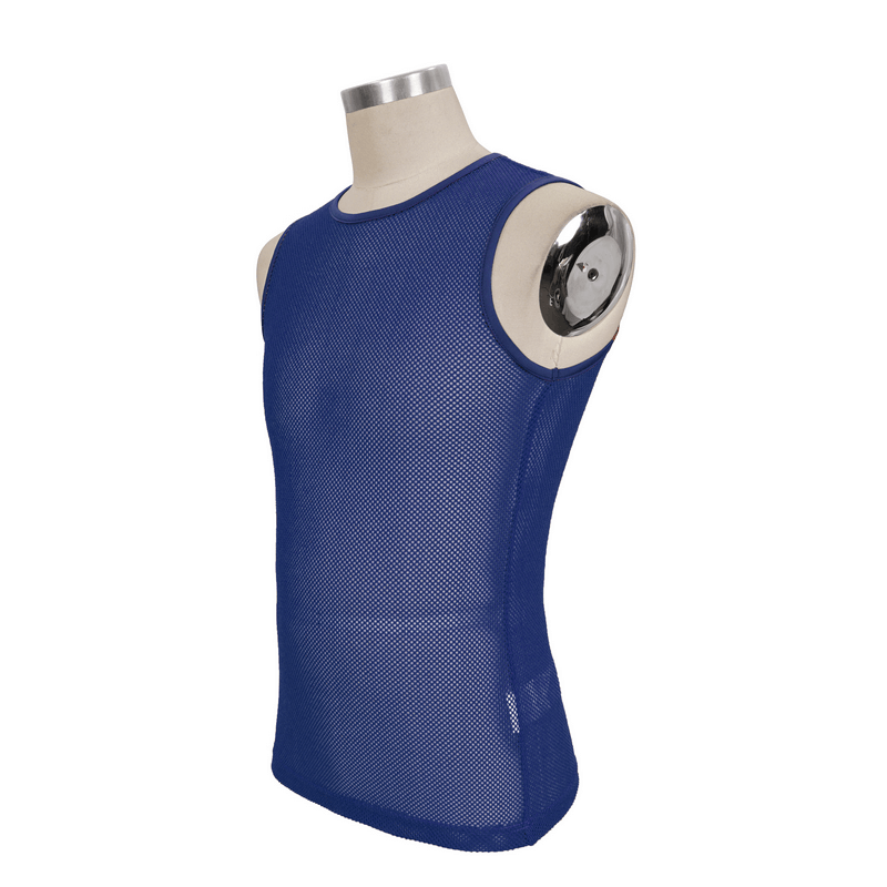 Men's blue sleeveless mesh tank top showcasing alternative style clothing, perfect for a fashionable look.