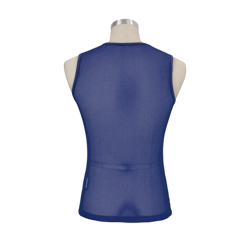 Back view of a men's blue sleeveless mesh tank top, showcasing its alternative style and comfortable fit.