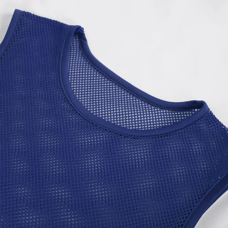 Stylish blue sleeveless mesh tank top with a round neck, perfect for an alternative fashion statement.
