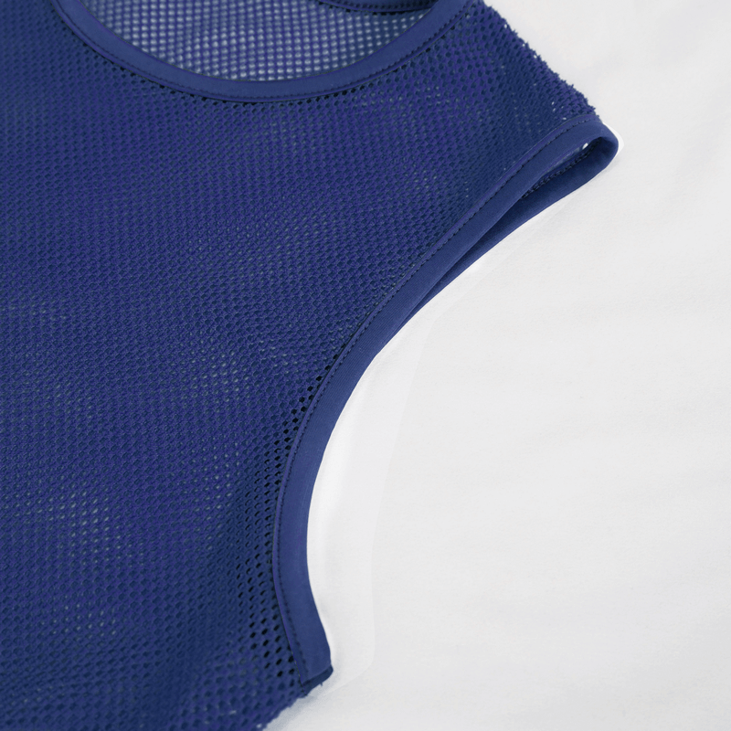 Close-up of a blue men's sleeveless mesh tank top showcasing its breathable fabric and trendy design.
