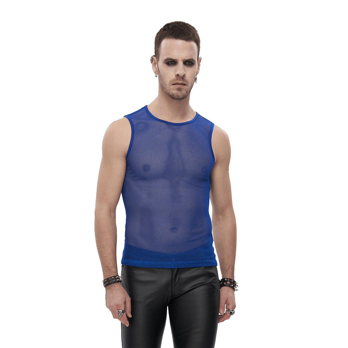 Men's blue sleeveless mesh tank top for alternative style, showcasing a bold and fashionable look.