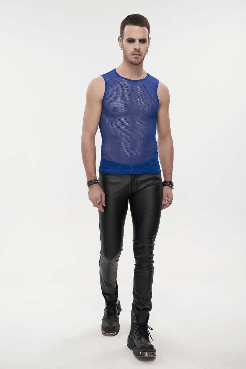 Fashionable men's blue sleeveless mesh tank top, perfect for alternative style clothing and comfortable wear.