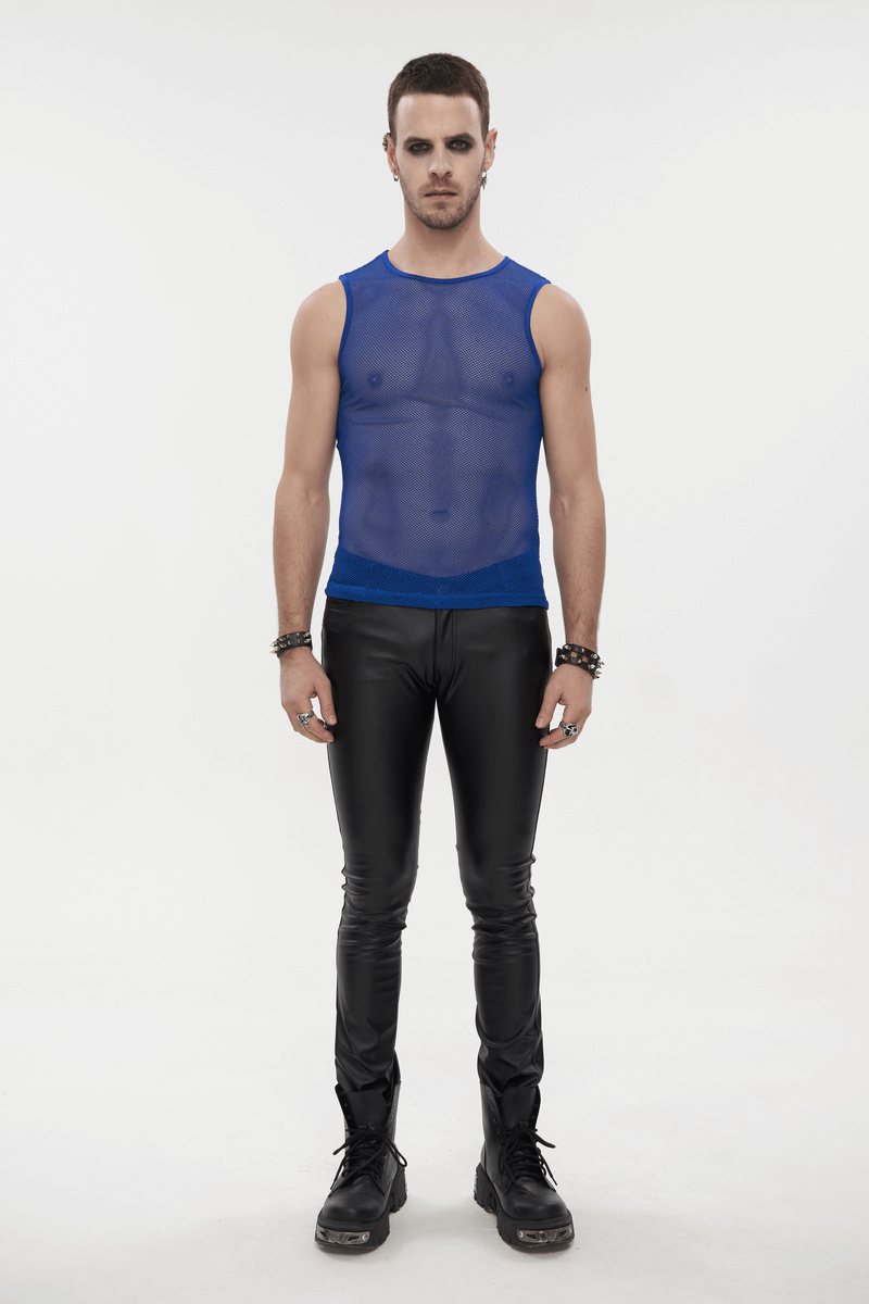 Stylish men's sleeveless blue mesh tank top paired with black leather pants, perfect for alternative fashion.