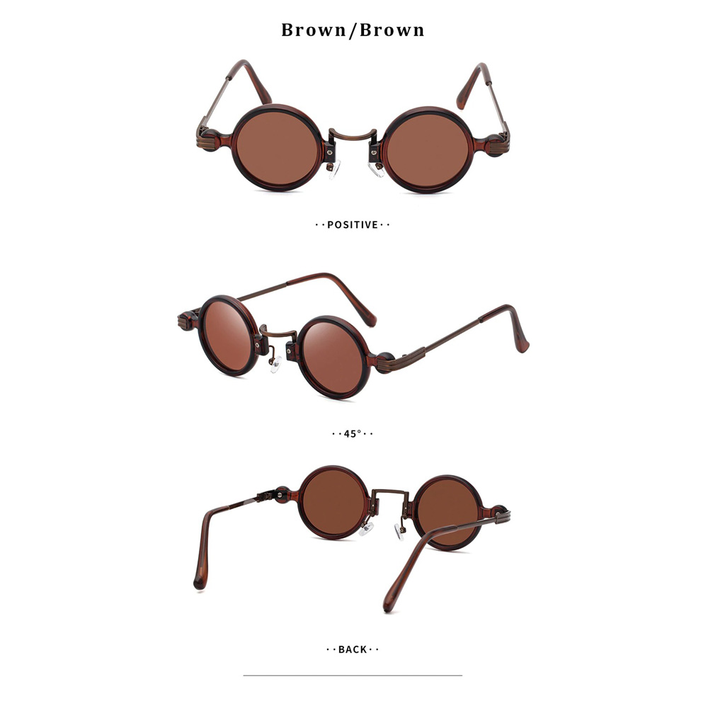 Punk round sunglasses for unisex in brown, showcasing front, side, and back views, perfect for a vintage fashion look.