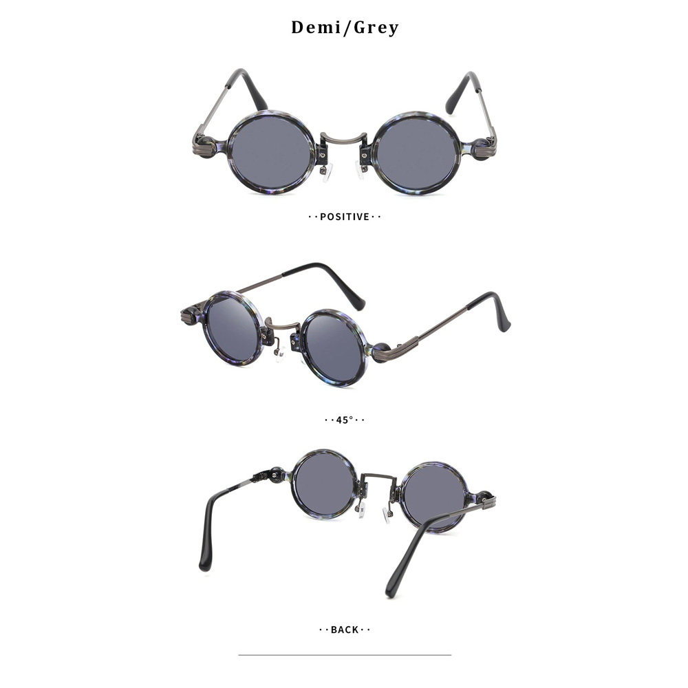 Round punk sunglasses for men and women in demi/grey color, featuring stylish acrylic lenses and unique design.