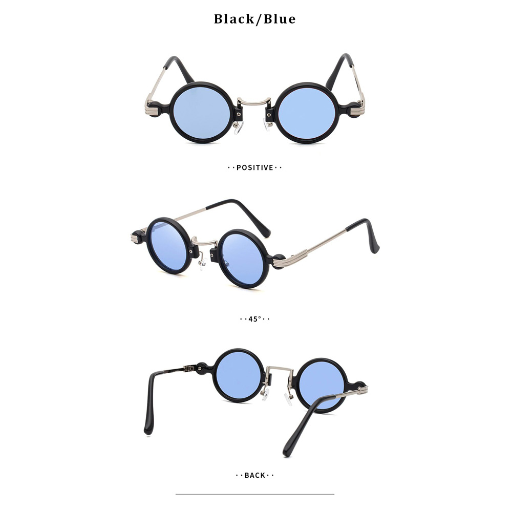 Punk round sunglasses for men and women in black with blue lenses, showcasing front, side, and back views.