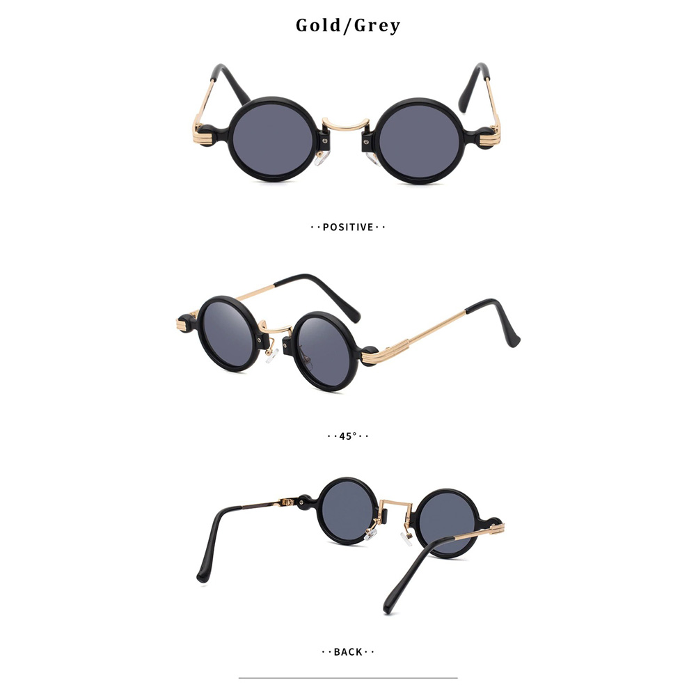 Punk round sunglasses in gold and grey, showcasing front, side, and back views, perfect for trendy unisex fashion.