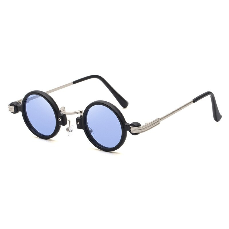 Punk round sunglasses unisex with blue lenses, stylish vintage fashion eyewear perfect for trendy outfits.
