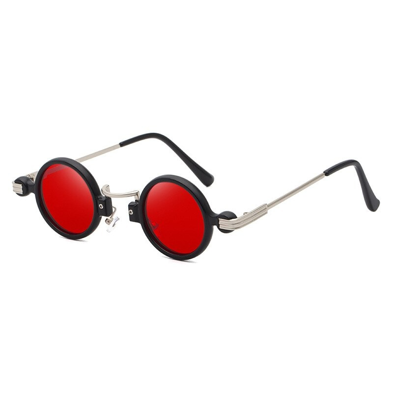 Punk round sunglasses for men and women with red lenses and black frames, perfect for vintage fashion style.