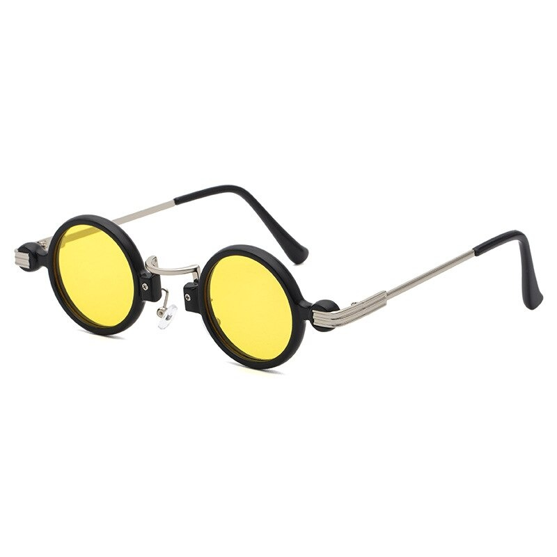 Punk round sunglasses in black with yellow lenses for unisex vintage fashion style.