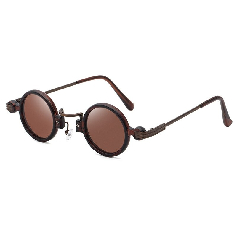 Punk round sunglasses for men and women, stylish vintage glasses with brown lenses and unique design.