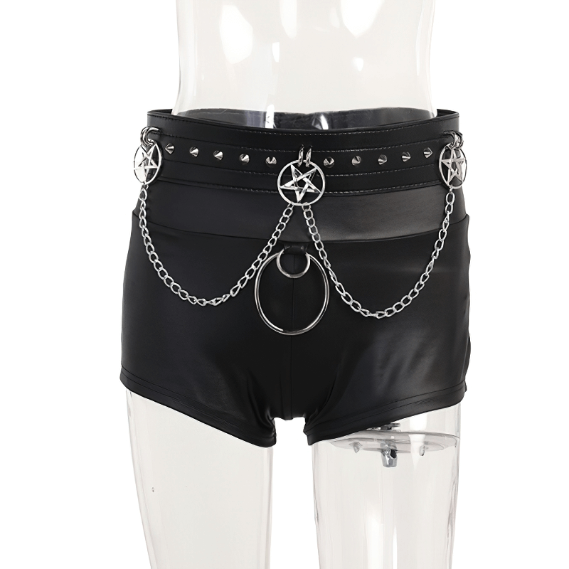Punk Sashes Chain Black Shorts / Women's Gothic Sexy Clothes / Fashion High Waist Shorts - HARD'N'HEAVY