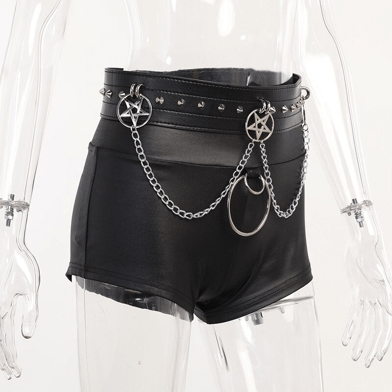 Punk Sashes Chain Black Shorts / Women's Gothic Sexy Clothes / Fashion High Waist Shorts