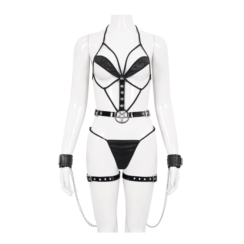 Punk Sexy Body Harness Lingerie Set With Metal Chain / Gothic Black Lingerie With Pentagram - HARD'N'HEAVY