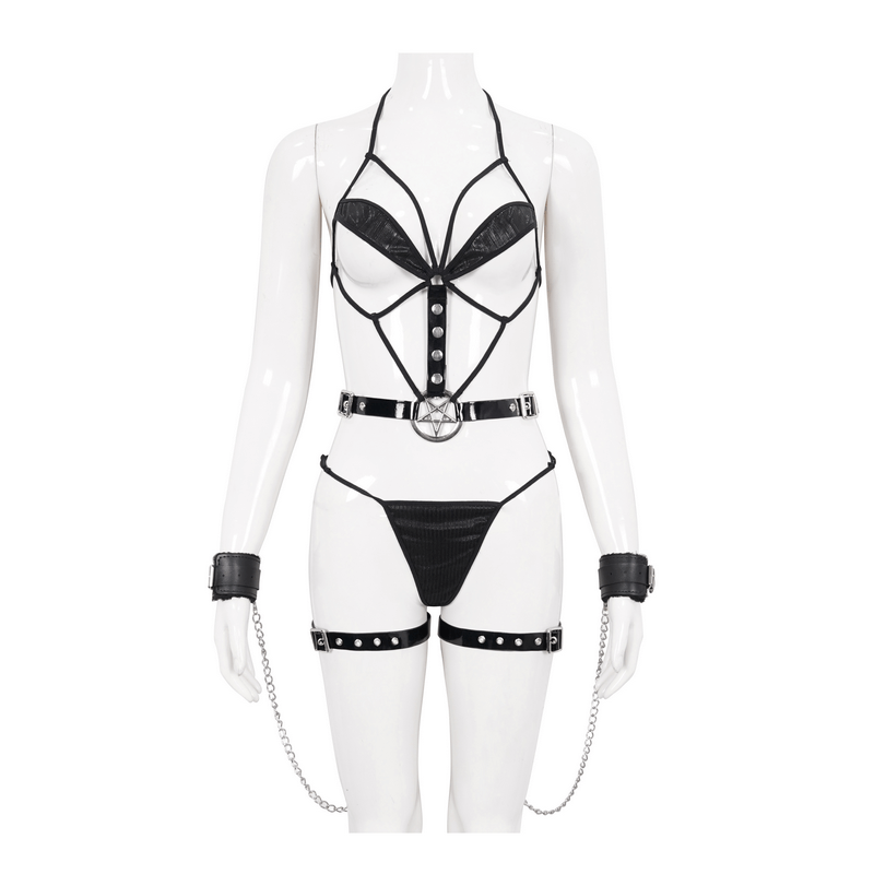 Punk sexy body harness lingerie set in black with metal pentagram and chains, perfect for bold fashion choices.