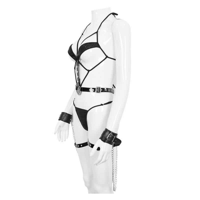 Punk Sexy Body Harness Lingerie Set With Metal Chain / Gothic Black Lingerie With Pentagram - HARD'N'HEAVY