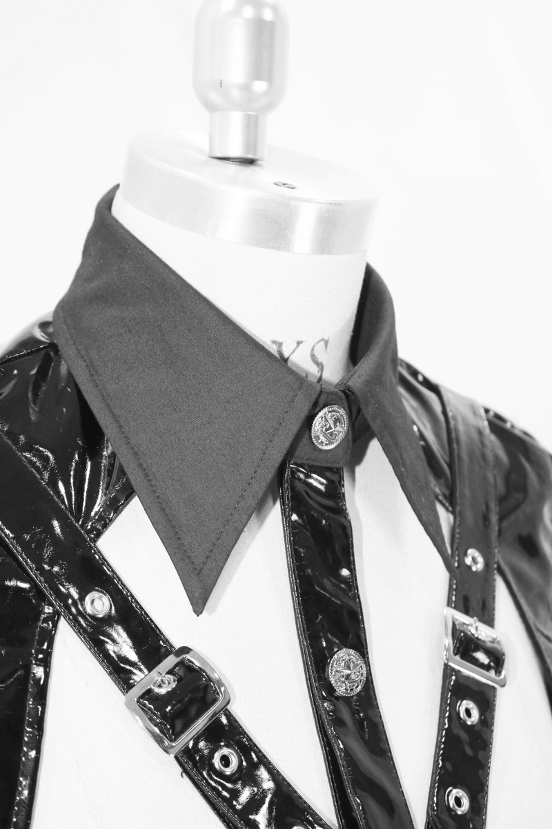 Close-up of punk sexy long sleeve shirt with black PU leather accents and stylish silver fittings.