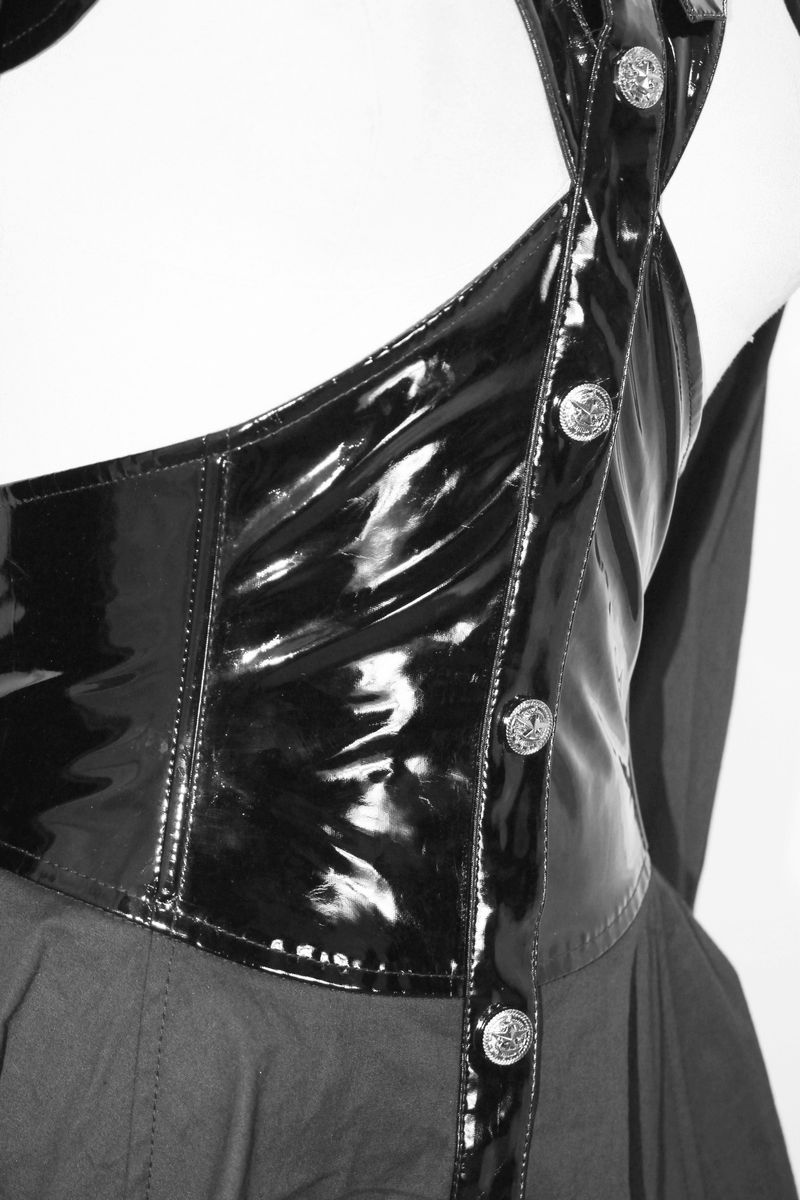 Close-up of punk sexy long sleeve shirt with lace-up back and glossy PU leather accents.