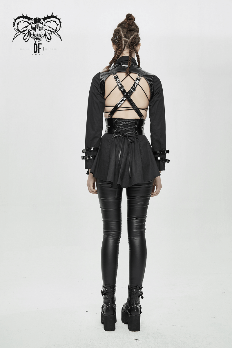 Back view of women's punk sexy long sleeve shirt with lace-up details and stylish black pants.
