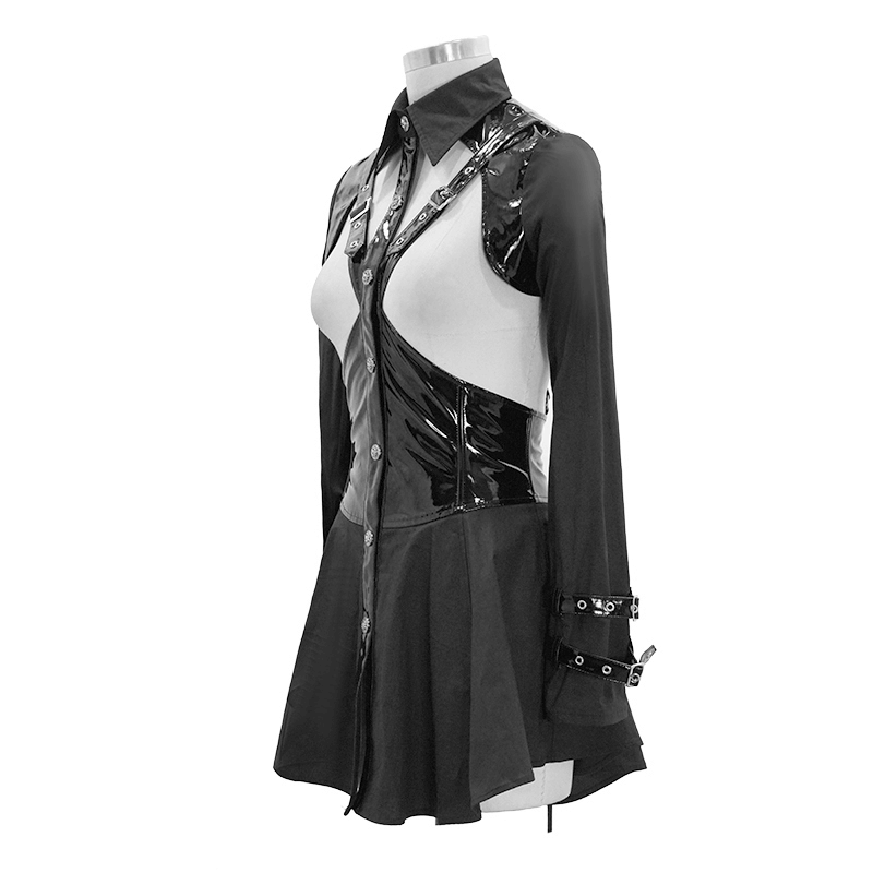 Punk sexy long sleeve shirt with lace-up back and gothic hollow out design, featuring PU leather accents.