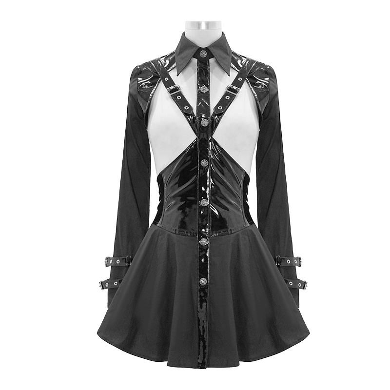 Punk sexy long sleeve blouse with lace-up back and patent leather accents, perfect for gothic style lovers.
