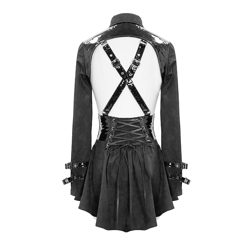 Back view of a punk sexy long sleeve shirt with a lace-up back and glossy straps, featuring a stylish Gothic design.