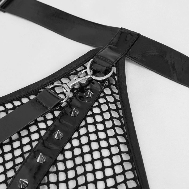Close-up of black mesh bodysuit detailing with PU leather and silver studs for a punk style.