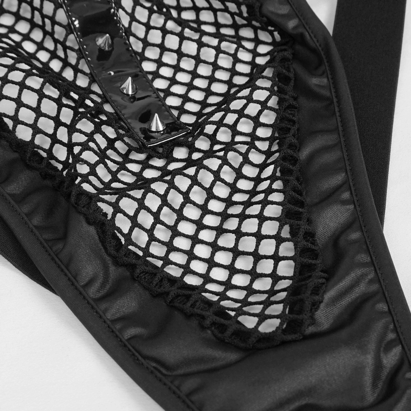 Close-up of a black mesh bodysuit featuring shiny PU leather inserts and edgy spikes, perfect for a punk look.