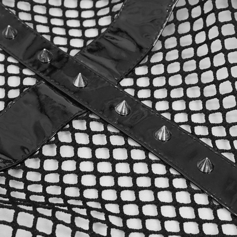 Close-up of a punk-inspired black mesh bodysuit with PU leather straps and edgy metal studs.