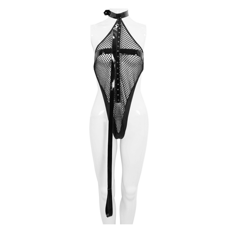 Stylish women's black mesh transparent bodysuit with halter neck and detachable long belt.