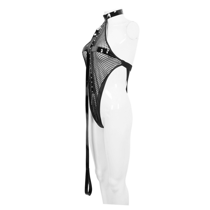 Stylish black halter mesh bodysuit with detachable long belt for a punk look on a mannequin.