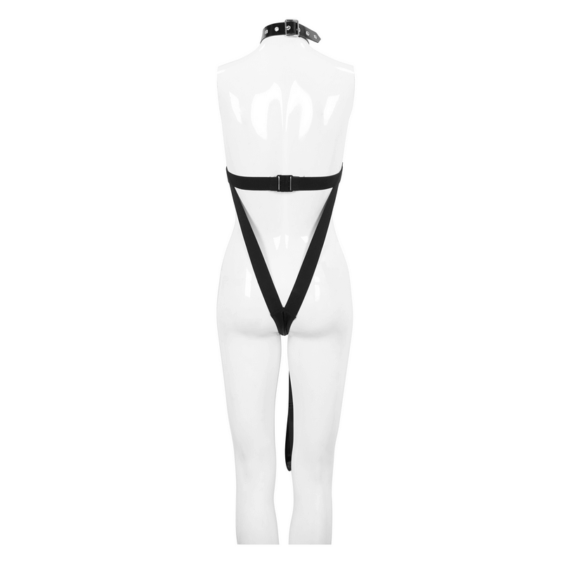 Black halter bodysuit with detachable belt, showcasing a sexy punk style, perfect for bold fashion statements.