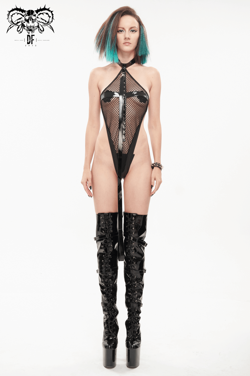 Stylish woman modeling a punk sexy black mesh bodysuit with detachable belt and tall shiny boots.