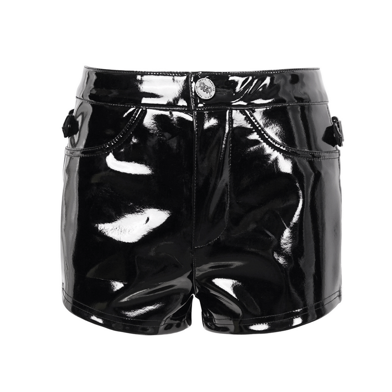 Punk Sexy PU Leather Shorts for Women / Gothic Female Hollow Out Black Shorts