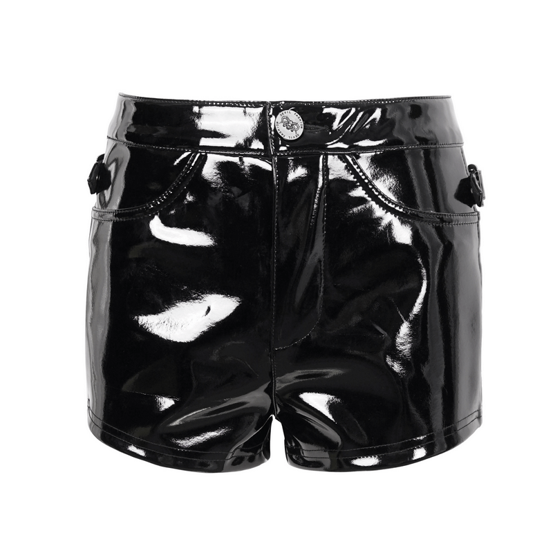 Punk sexy PU leather shorts for women, glossy black hollow out design, perfect for a gothic wardrobe.