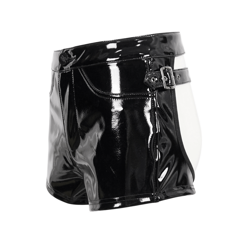 Punk sexy black PU leather shorts for women, featuring a shiny finish and edgy design for a bold fashion statement.