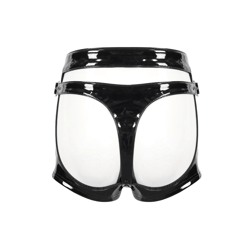 Punk sexy PU leather shorts for women, edgy black gothic design, perfect for a bold look.