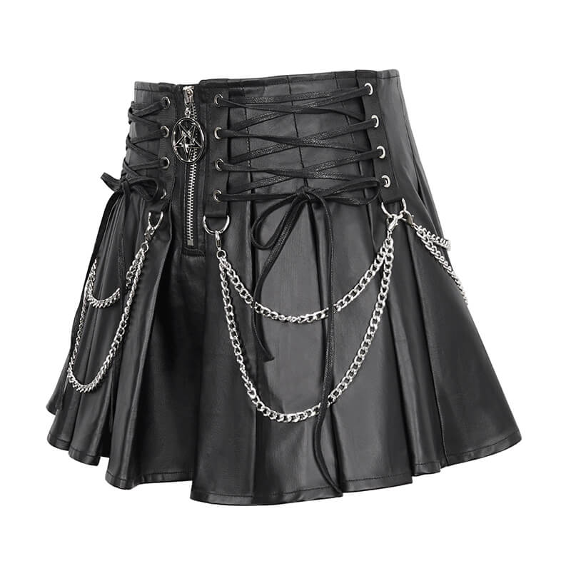 Punk Short Pleated Skirt with Chain / Women's Front Zipper Skirt with lace-Up on Both Sides - HARD'N'HEAVY