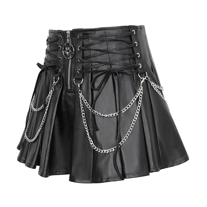 Punk short pleated skirt with front zipper, lace-up sides, and dangling chains for a rebellious style.