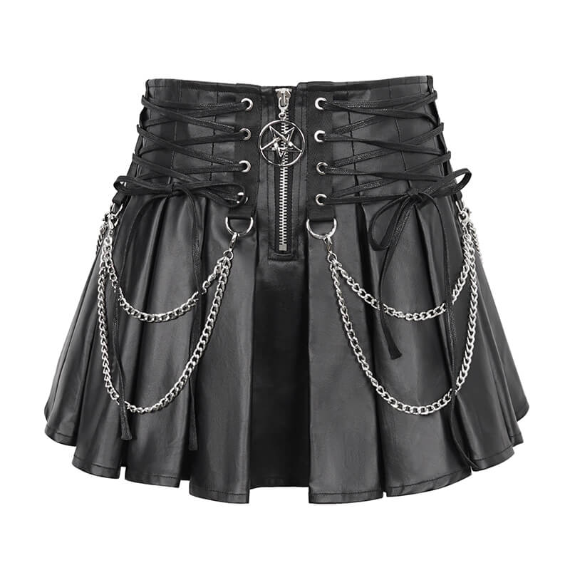 Punk short pleated skirt with chains and lace-up details, featuring a front zipper for a bold, edgy look.