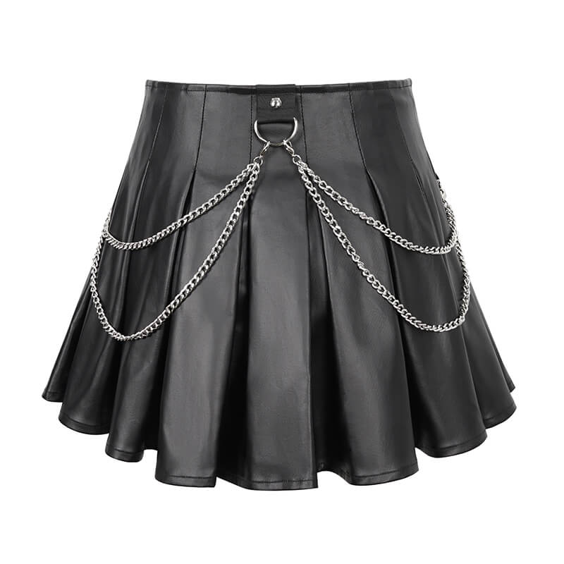 Punk short pleated skirt in black with chains and front zipper, featuring lace-up details on the sides.