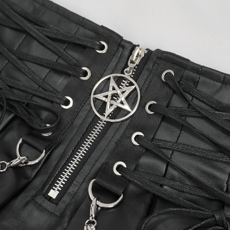 Close-up of punk short pleated skirt featuring lace-ups, front zipper, and silver pentagram charm with chains.