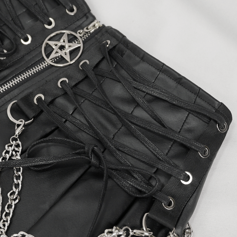 Close-up of punk short pleated skirt with chains and lace-up detail, featuring a bold front zipper.