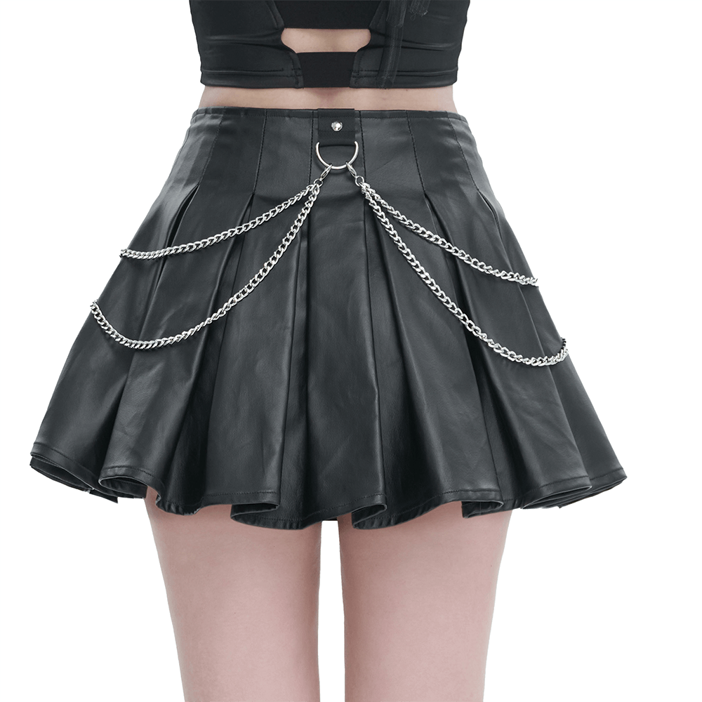 Punk short pleated skirt with chains, showcasing a bold black design and playful lace-up detail.