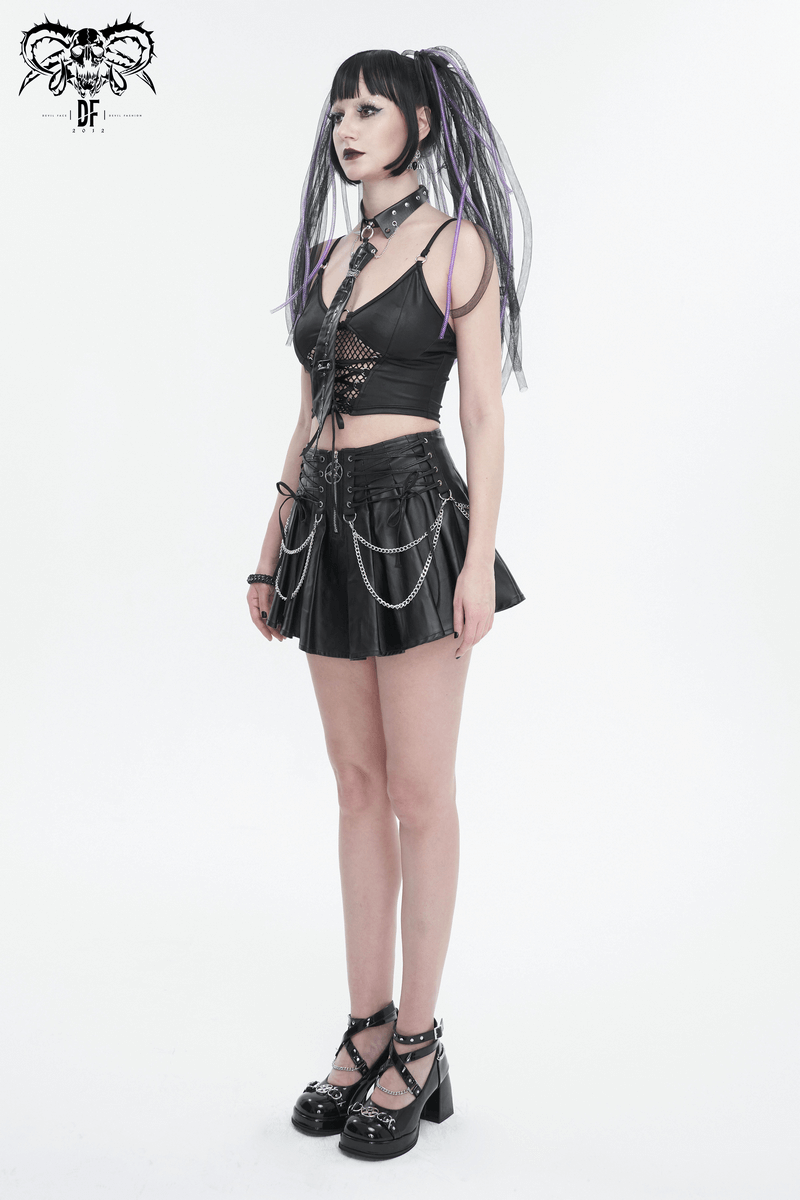 Model showcasing a punk short pleated skirt with chains, highlighting edgy fashion and rebellious style.