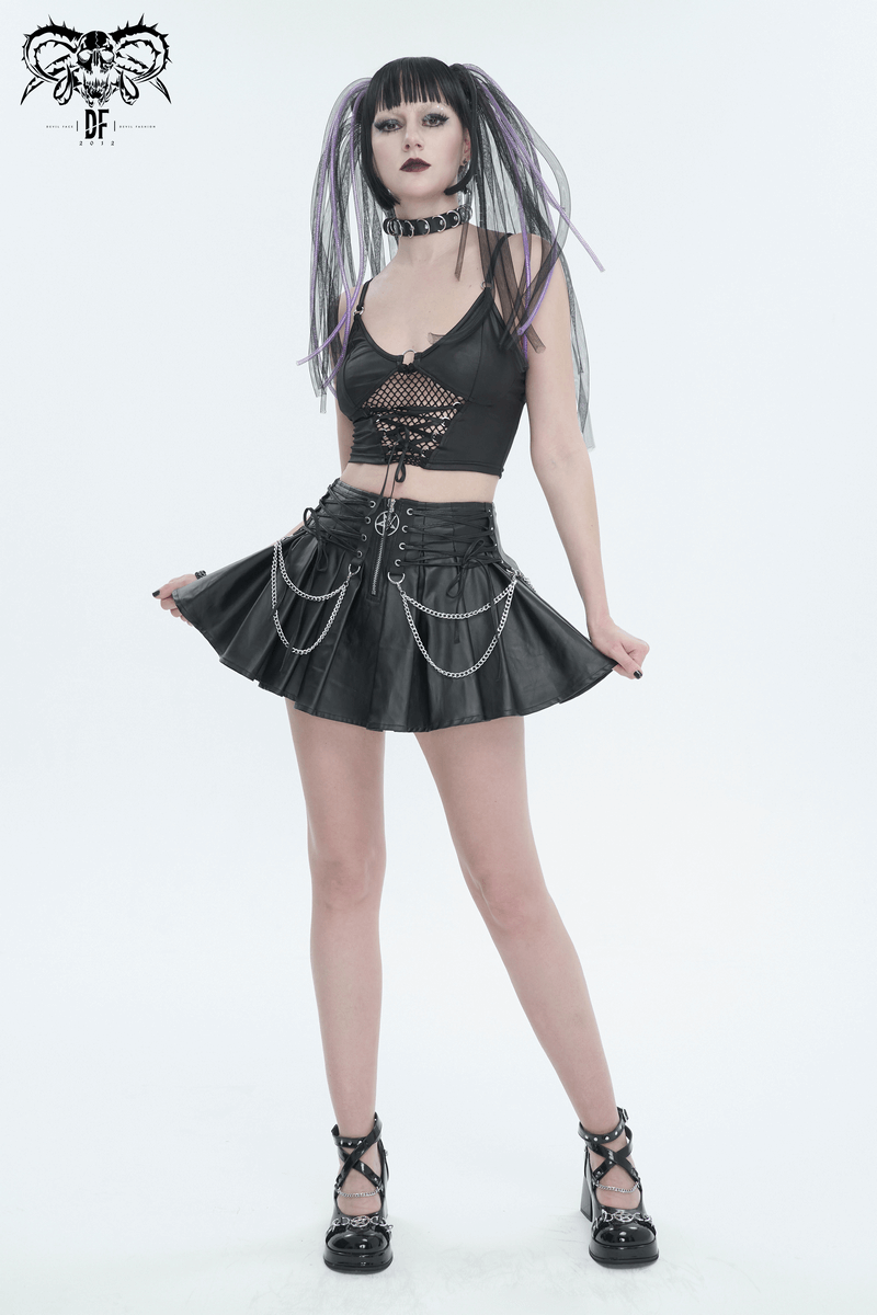 Punk short pleated skirt with chain, showcasing a bold front zipper and lace-ups, styled with edgy accessories.