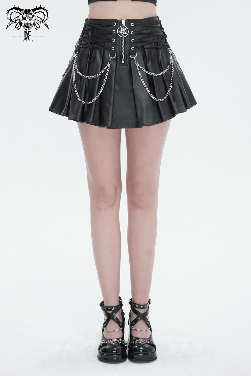 Punk short pleated skirt with chains and lace-up sides, adding a bold touch to any outfit.