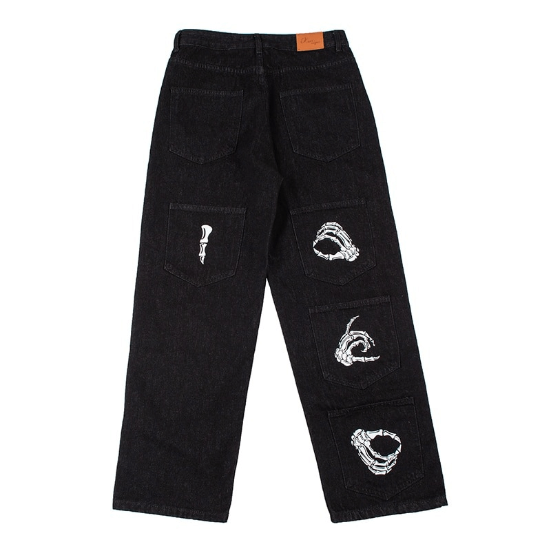 Punk Skeleton Print Black Men's Jeans / Fashion Loose Denim Trousers with Pockets