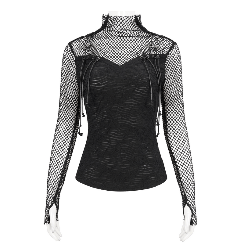 Punk skull drawstring top featuring net details and gothic thumb hole sleeves for a bold, edgy look.