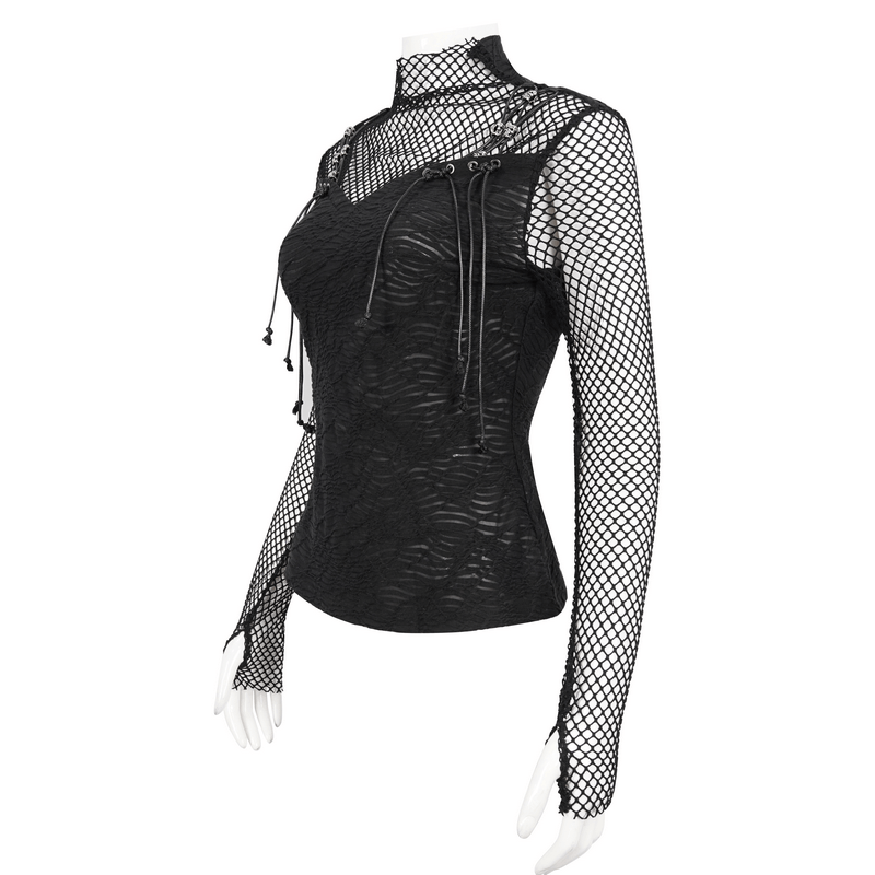 Punk skull drawstring top with net details and gothic thumb hole sleeves, perfect for edgy fashion.